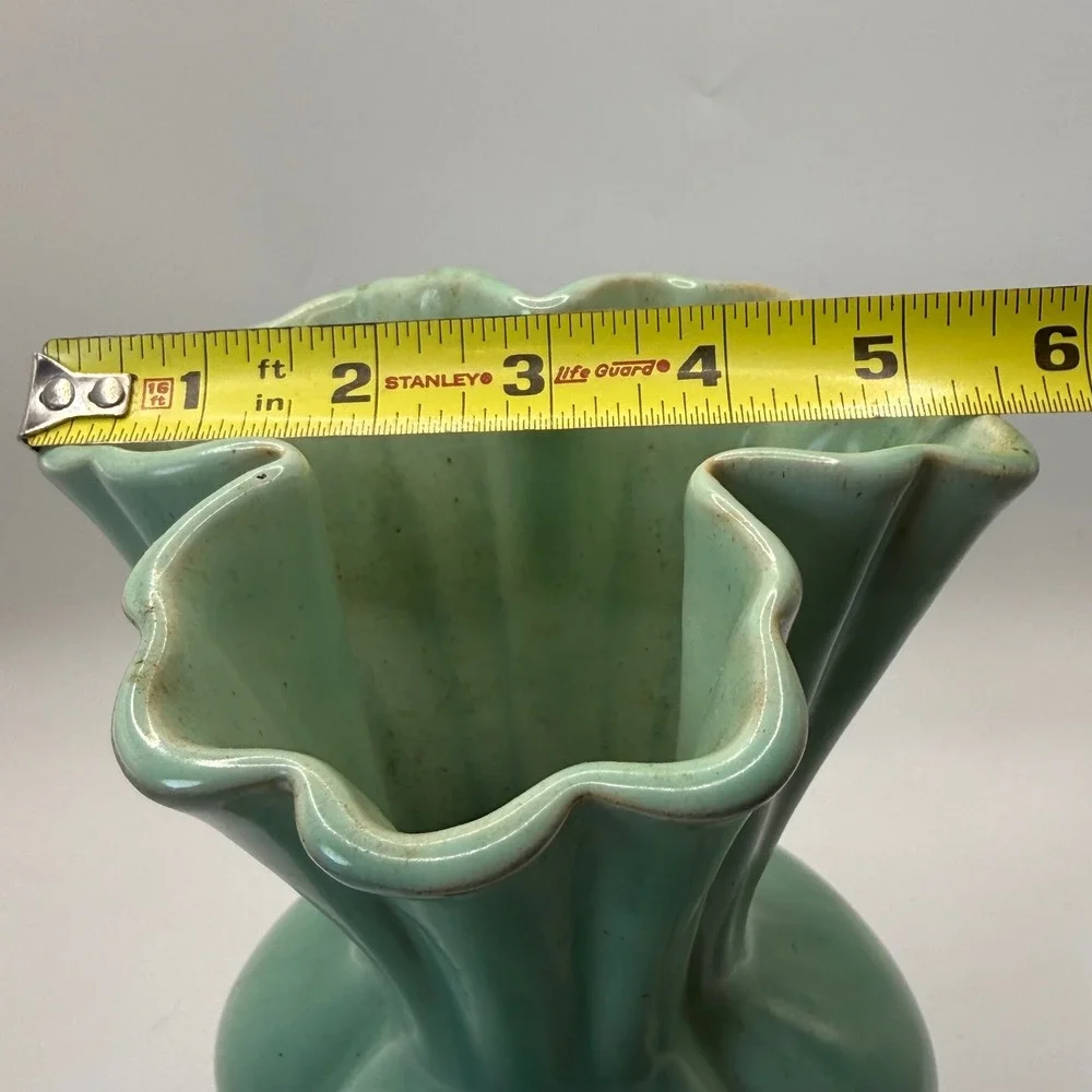 Vintage Camark Pottery Seafoam Green Ruffled Vase Lobed Base Mid Century MCM